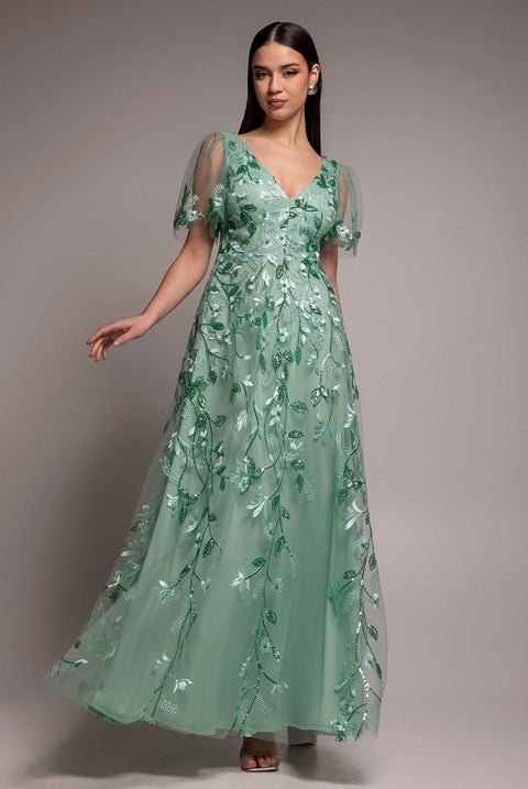 Goddiva Flared Sleeve Embroidered Maxi Dress - Sage Green