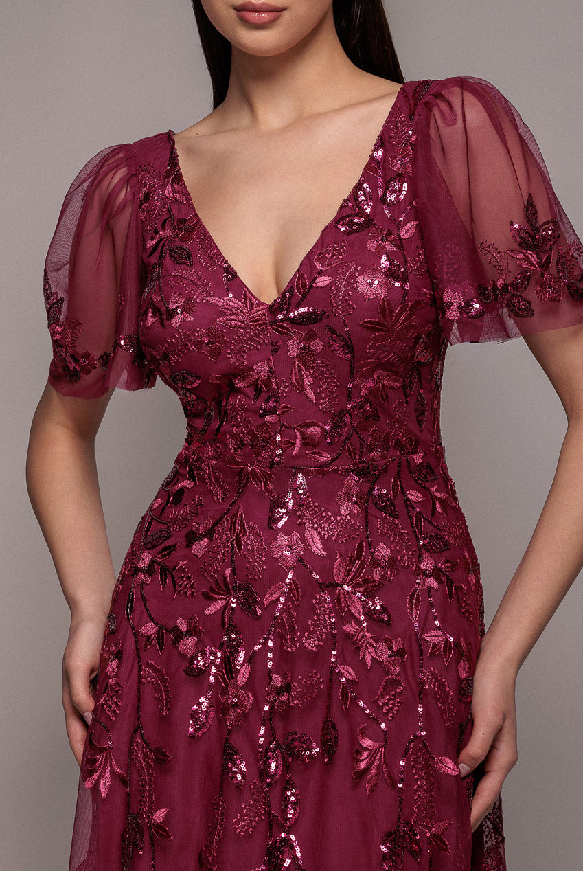 Goddiva Flared Sleeve Embroidered Maxi Dress - Magenta
