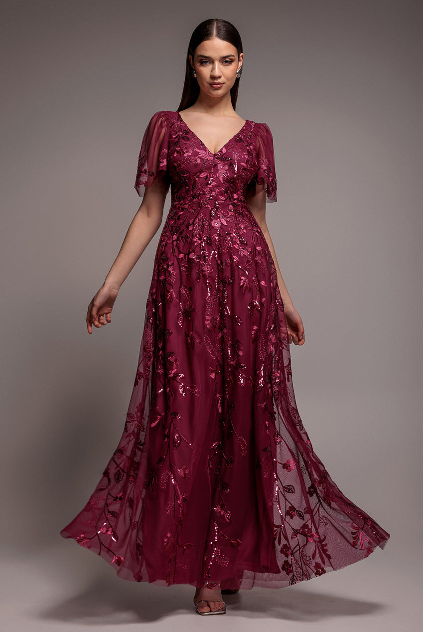 Flared Sleeve Embroidered Maxi Dress - Magenta