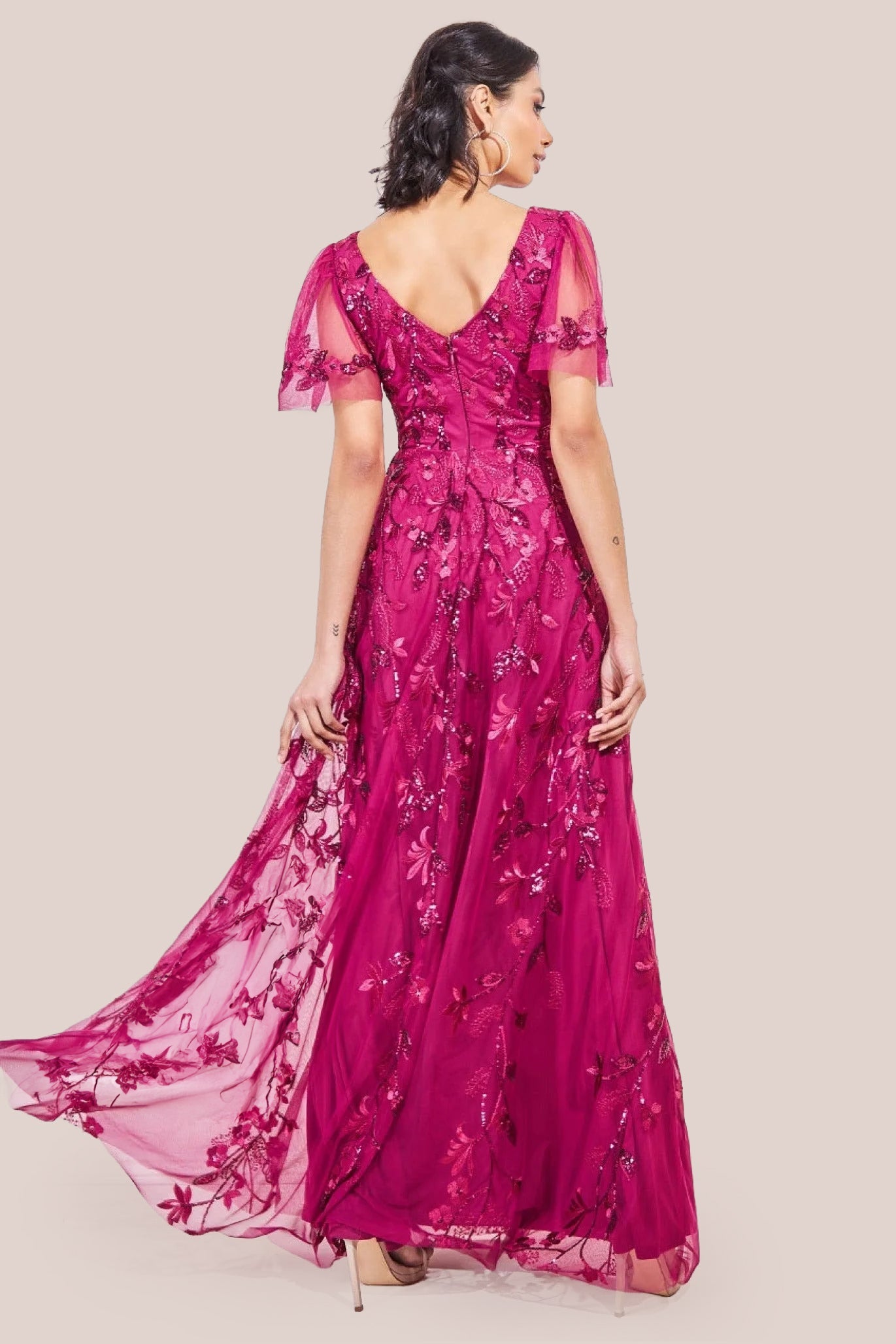 Goddiva Flared Sleeve Embroidered Maxi Dress - Magenta