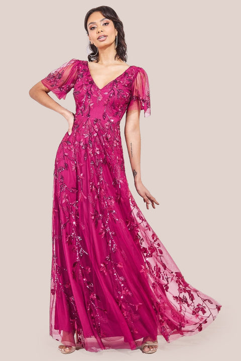 Goddiva Flared Sleeve Embroidered Maxi Dress - Magenta