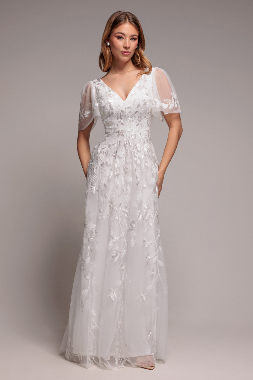 Flared Sleeve Embroidered Maxi Dress - White