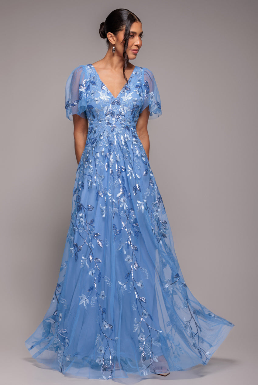 Goddiva Flared Sleeve Embroidered Maxi Dress - Cornflower Blue