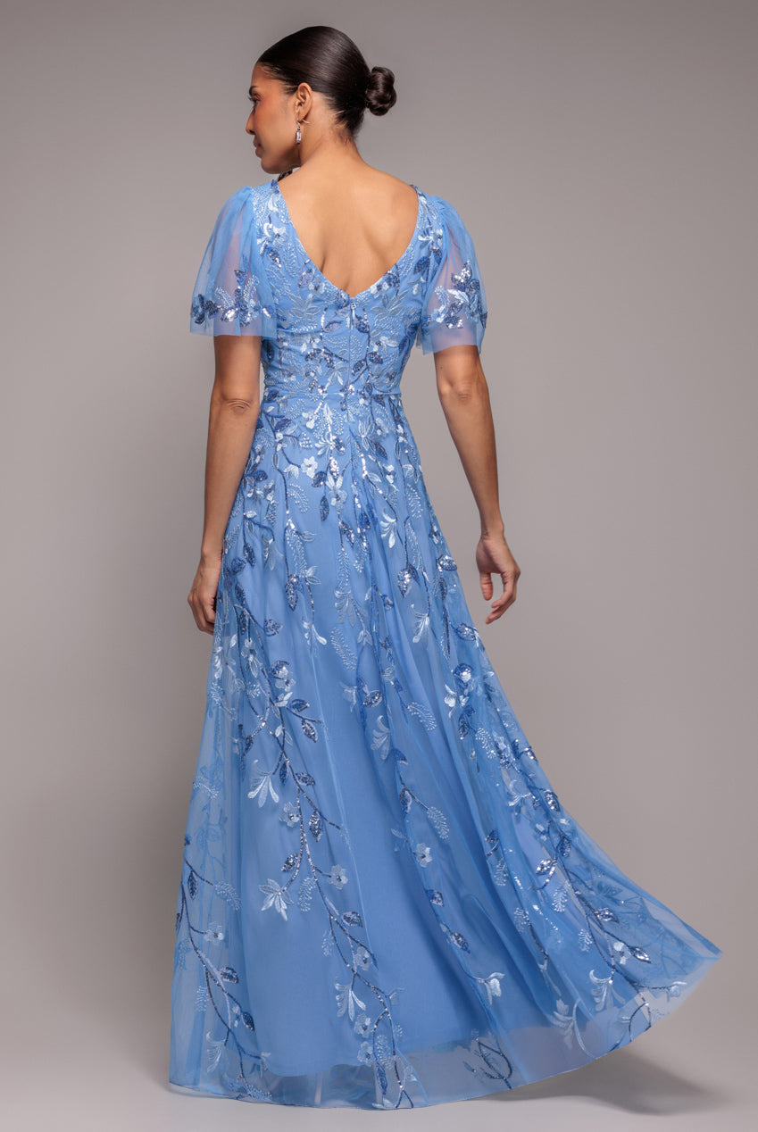 Goddiva Flared Sleeve Embroidered Maxi Dress - Cornflower Blue