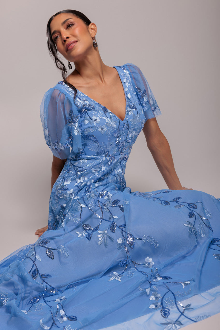 Goddiva Flared Sleeve Embroidered Maxi Dress - Cornflower Blue