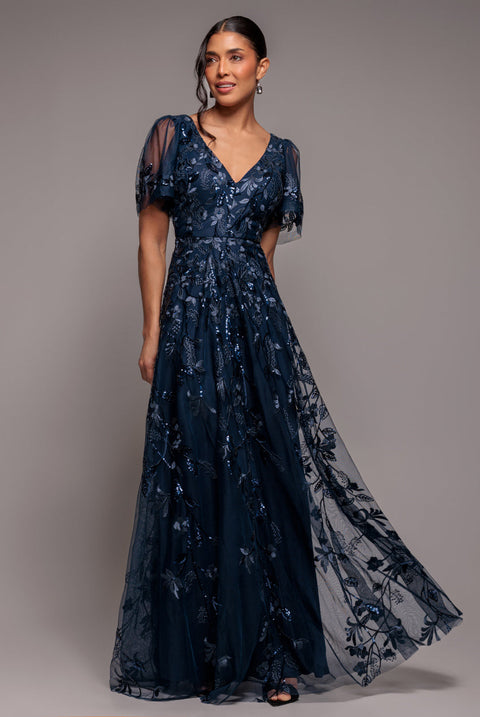 Goddiva Flared Sleeve Embroidered Maxi Dress - Navy Blue