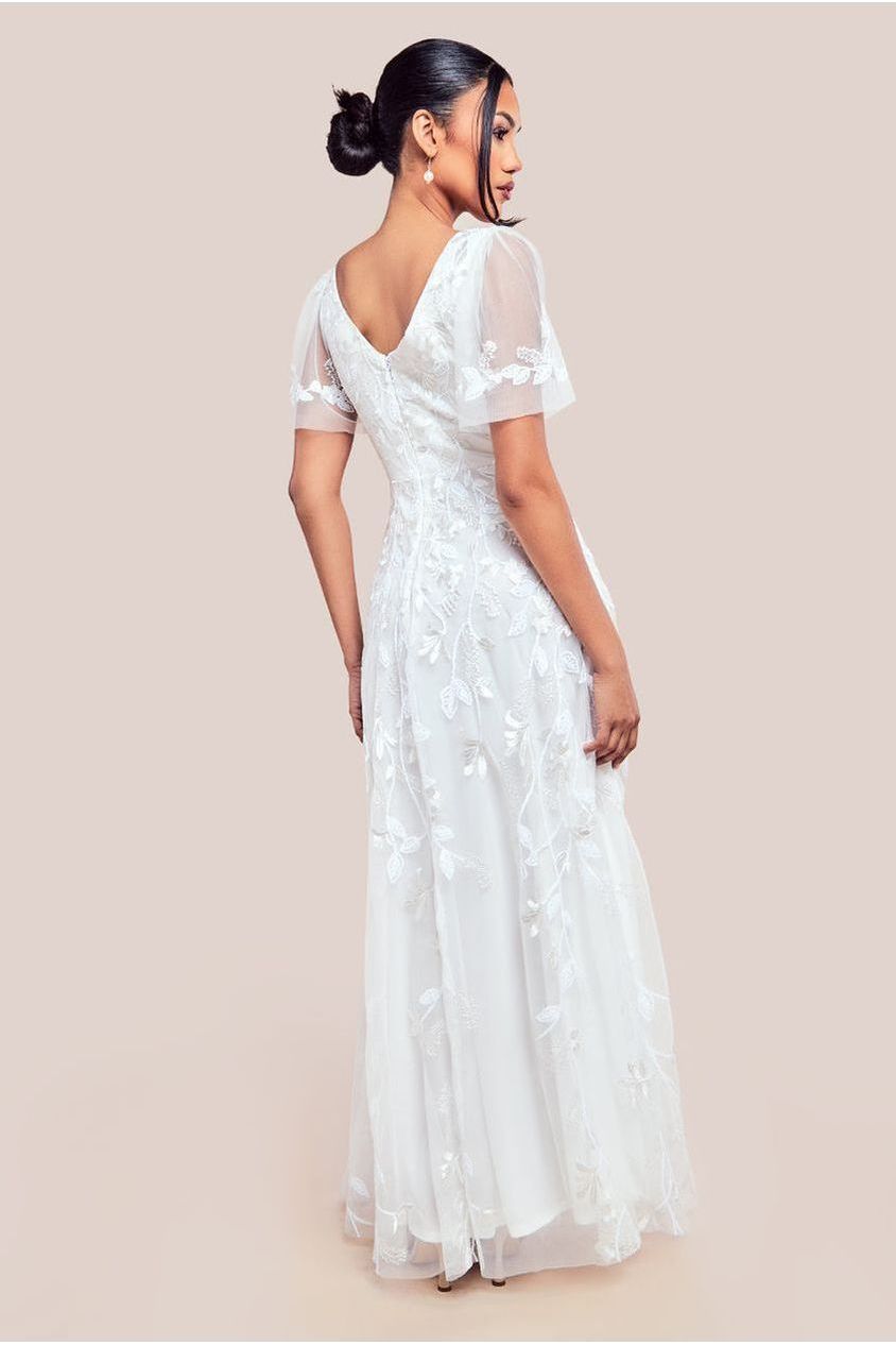 Goddiva Flared Sleeve Embroidered Maxi Dress - White