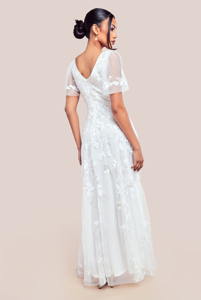 Goddiva Flared Sleeve Embroidered Maxi Dress - White