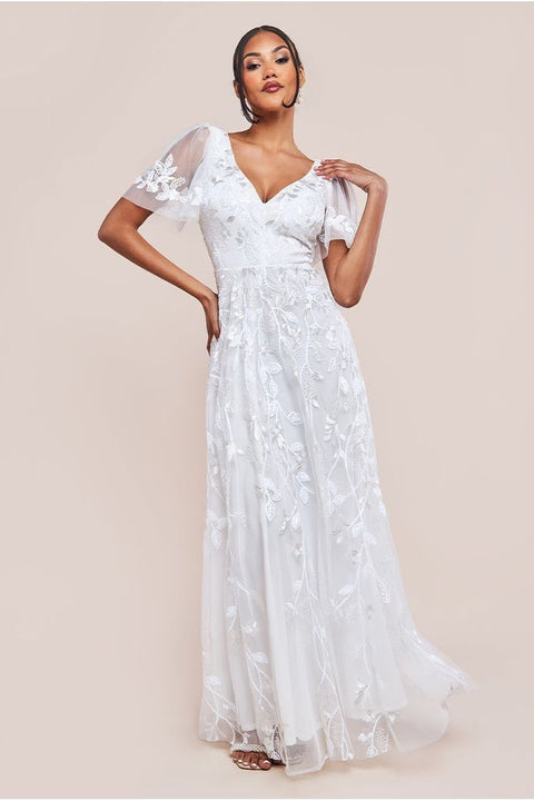 Goddiva Flared Sleeve Embroidered Maxi Dress - White