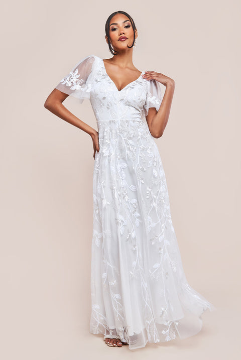 Goddiva Flared Sleeve Embroidered Maxi Dress - White