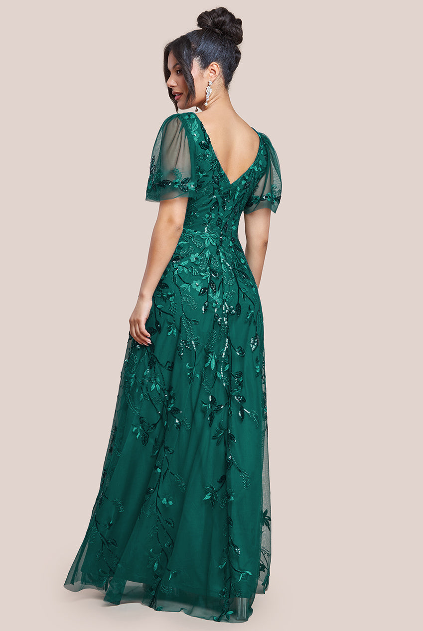 Goddiva Flared Sleeve Embroidered Maxi Dress - Emerald