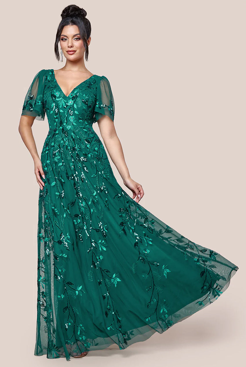 Goddiva Flared Sleeve Embroidered Maxi Dress - Emerald