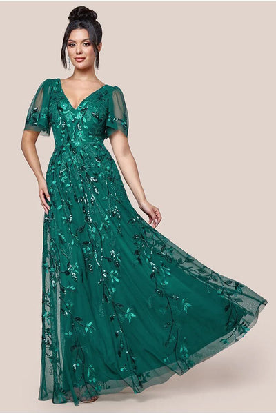 Emerald - Goddiva Flared Sleeve Embroidered Maxi Dress - Emerald Green