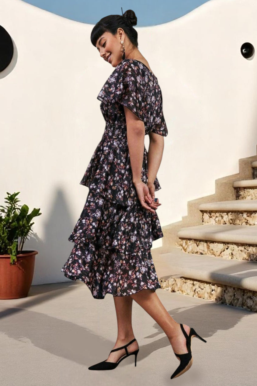 Goddiva Floral Layered Midi With Flutter Sleeves - Navy