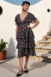 Goddiva Floral Layered Midi With Flutter Sleeves - Navy