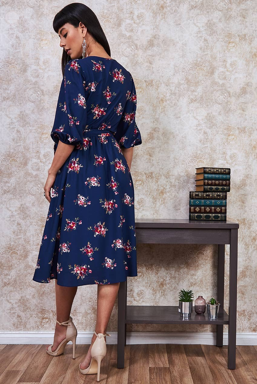 Goddiva Wrap Style Floral Midi Dress - Navy
