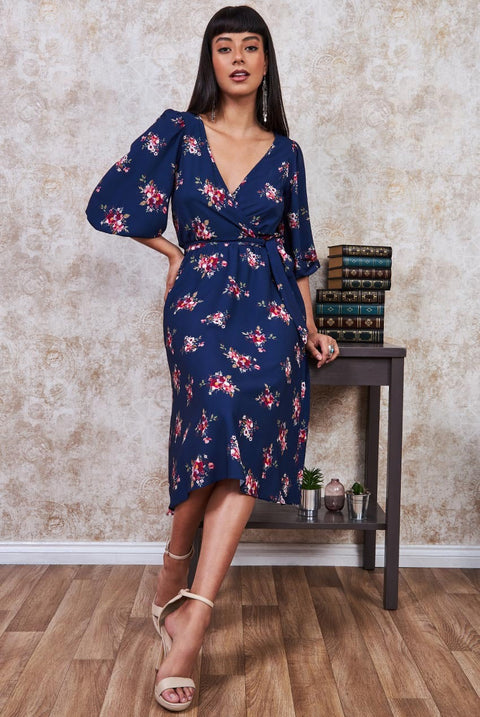 Goddiva Wrap Style Floral Midi Dress - Navy