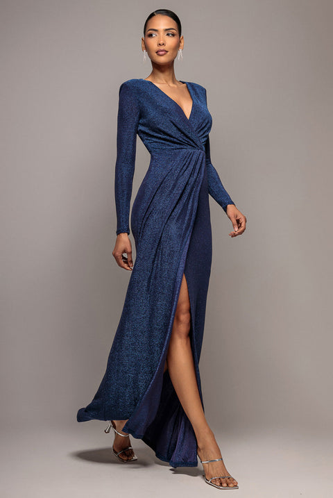 Goddiva Plunge Neck Wrap Front Split Lurex Maxi Dress - Navy Blue