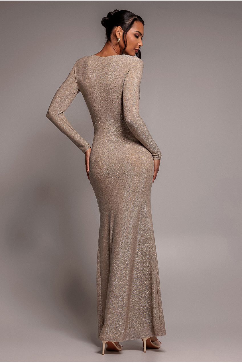 Goddiva Plunge Neck Wrap Front Split Lurex Maxi Dress - Nude