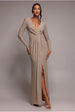 Goddiva Plunge Neck Wrap Front Split Lurex Maxi Dress - Nude