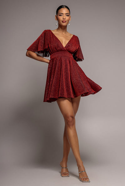 Red - Goddiva Sparkle Lurex Wrap Mini Skater Dress - Red
