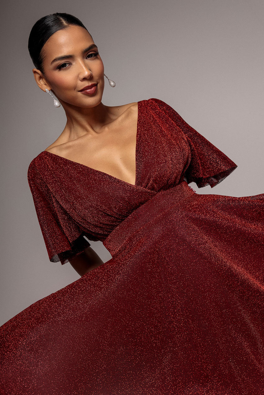 Goddiva Sparkle Lurex Wrap Mini Skater Dress - Red