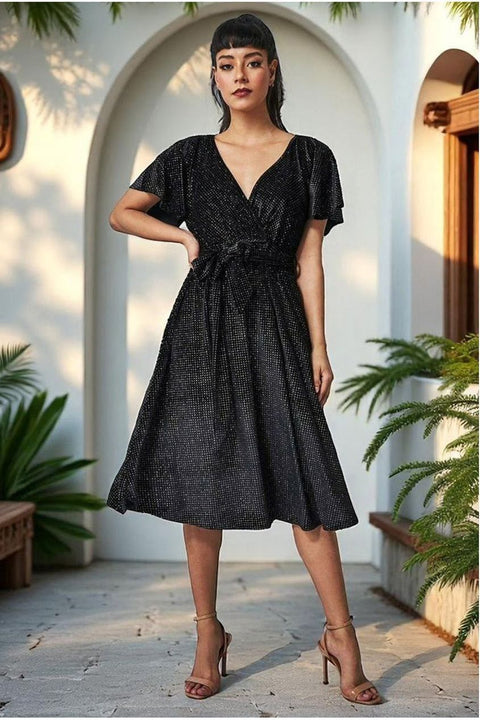 Goddiva Sparkle Wrap Style Flutter Sleeve Midi Dress - Black