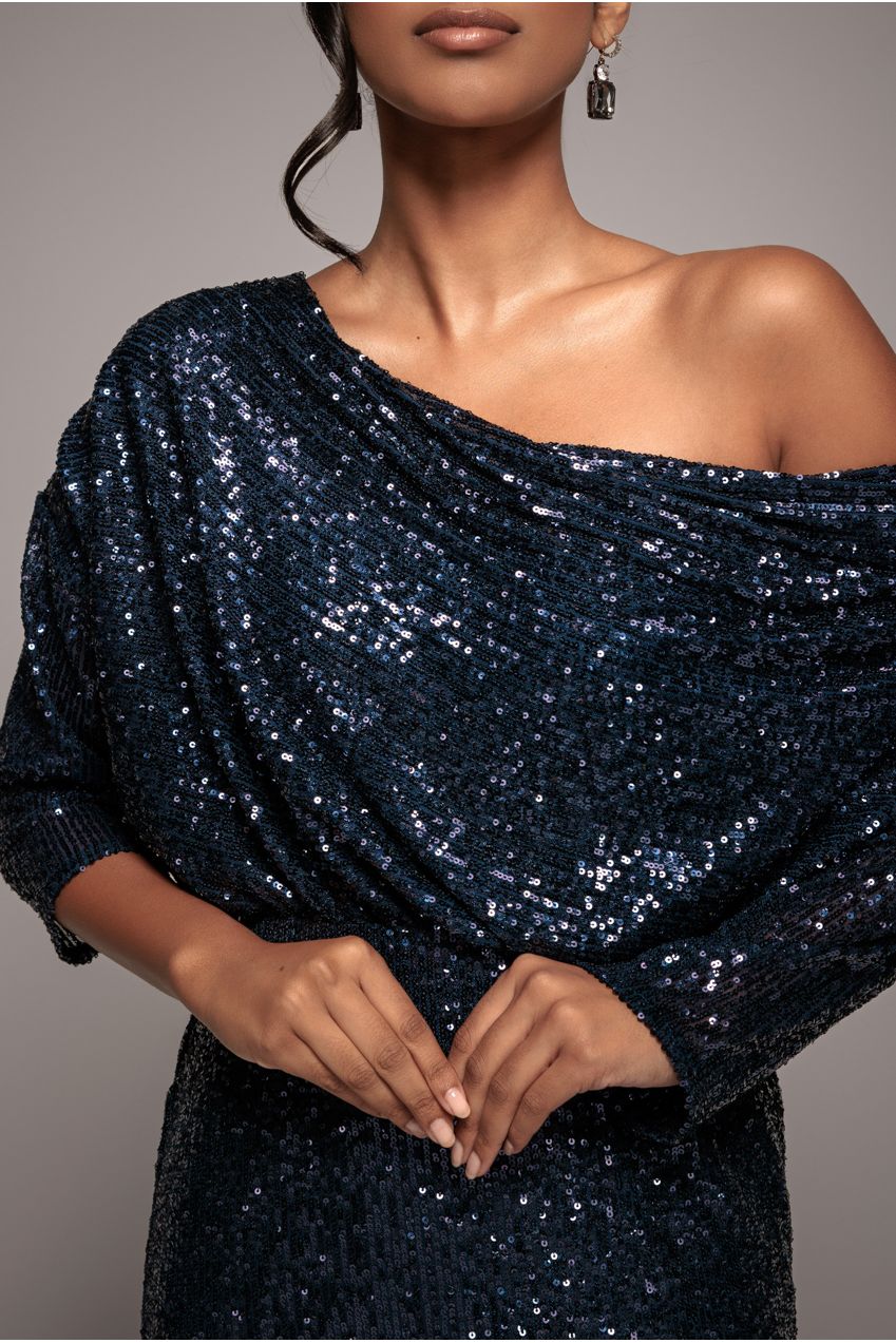 Goddiva Sequin Cowl Neck Midi Dress - Navy