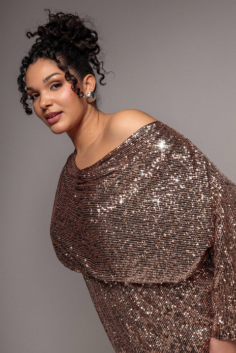 Goddiva Plus Sequin Cowl Neck Midi Dress - Champagne