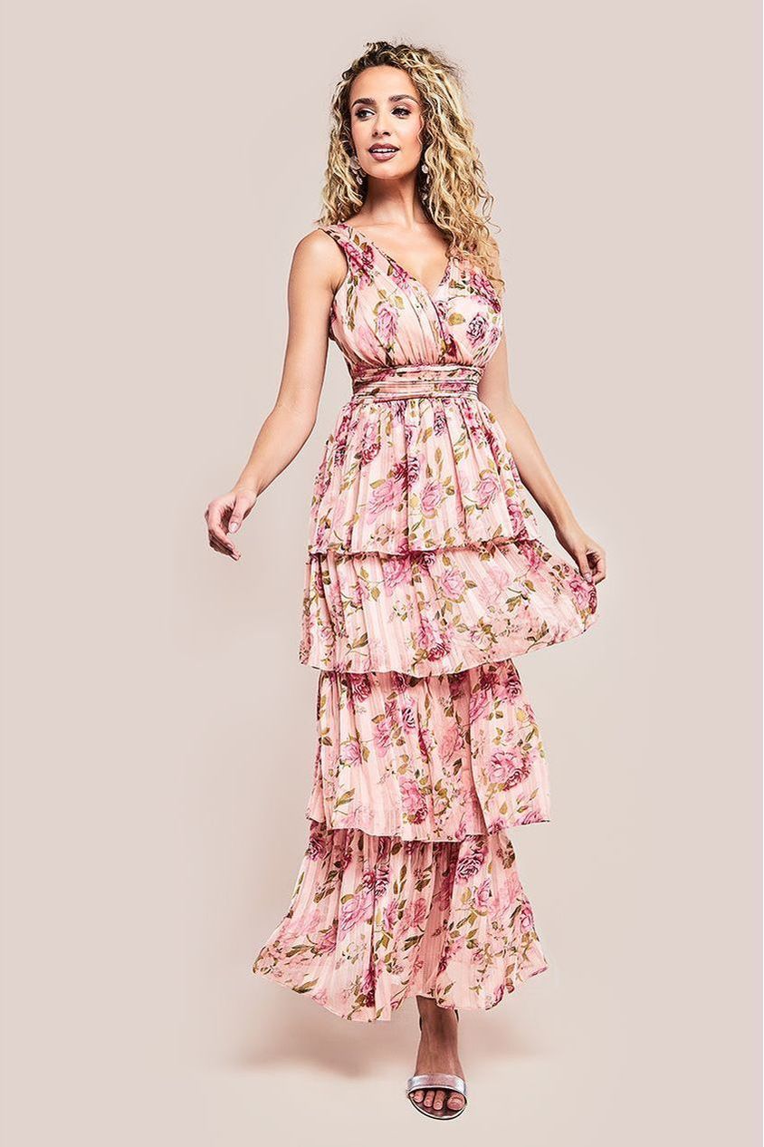 Goddiva Tiered Chiffon Floral Maxi Dress - Multi