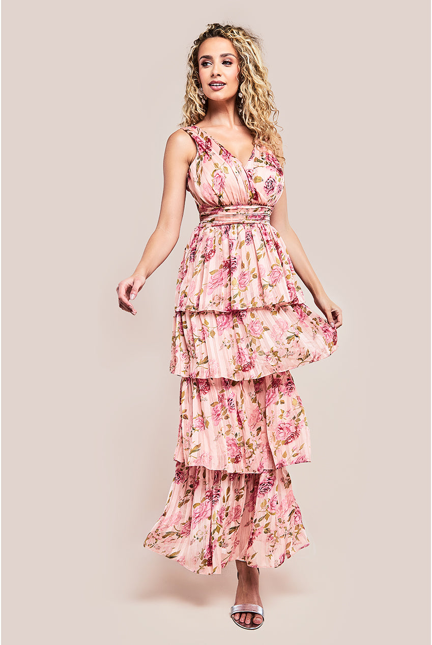 Goddiva Tiered Chiffon Floral Maxi Dress - Multi