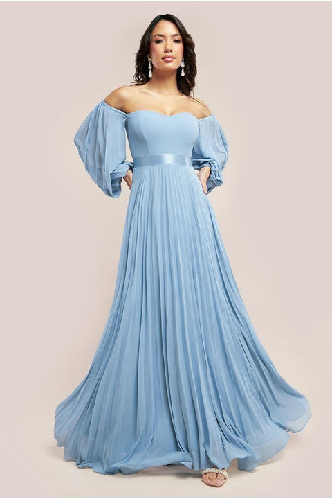 Goddiva Bardot Chiffon Pleated Maxi - Blue