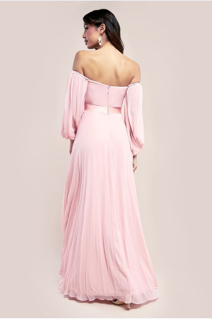 Goddiva Bardot Chiffon Pleated Maxi - Blush