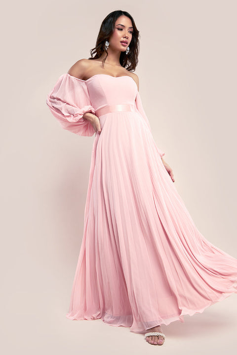 Goddiva Bardot Chiffon Pleated Maxi - Blush