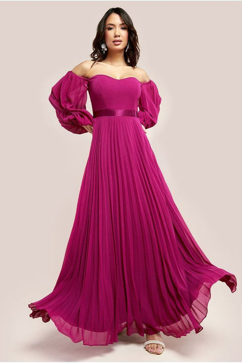 Goddiva Bardot Chiffon Pleated Maxi - Magenta