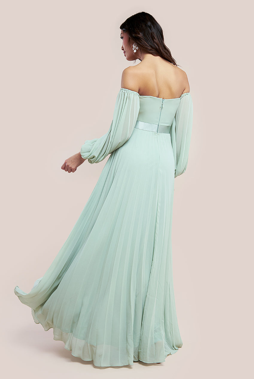 Goddiva Bardot Chiffon Pleated Maxi - Sage Green