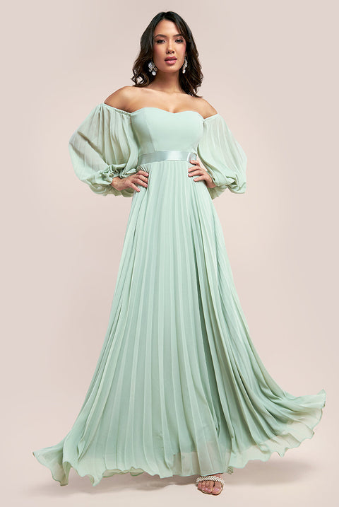 Goddiva Bardot Chiffon Pleated Maxi - Sage Green