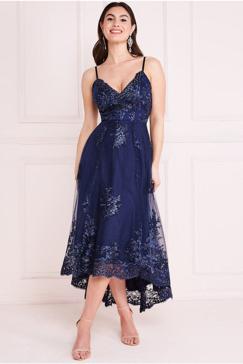 Goddiva High Low Scalloped Midi Dress - Navy