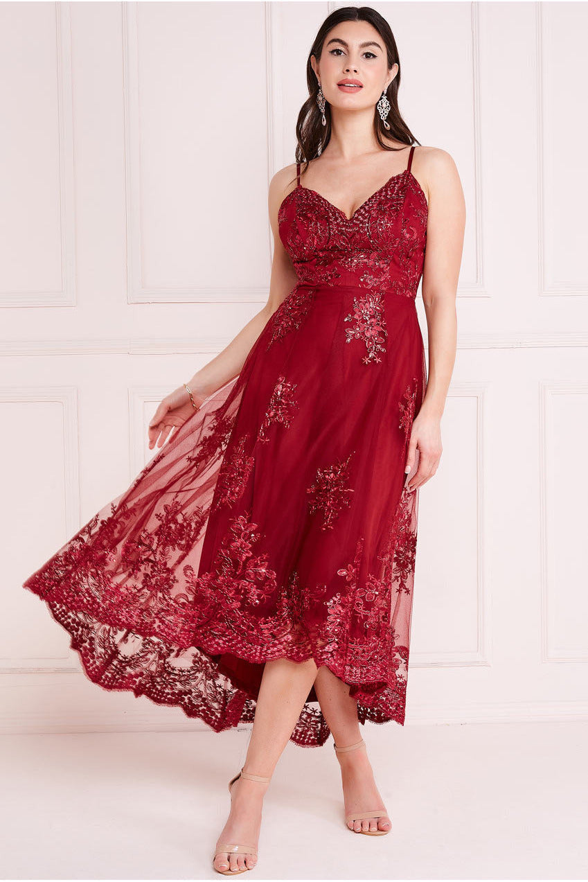 Goddiva High Low Scalloped Midi Dress - Burgundy