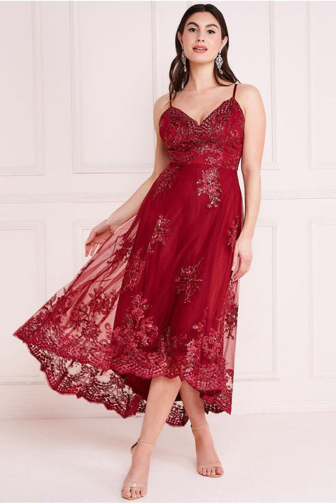 Goddiva High Low Scalloped Midi Dress - Burgundy