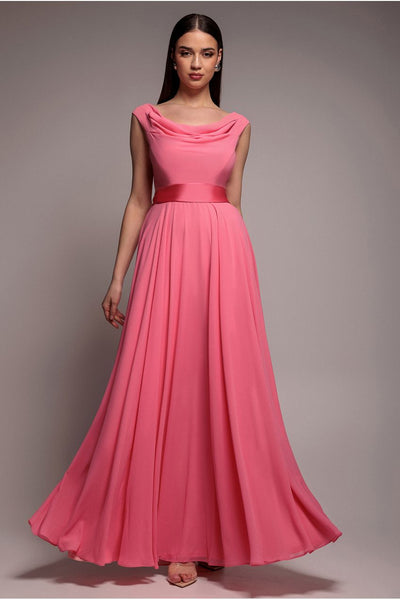 Coral - Goddiva Cowl Neck A-Line Chiffon Maxi Dress - Coral