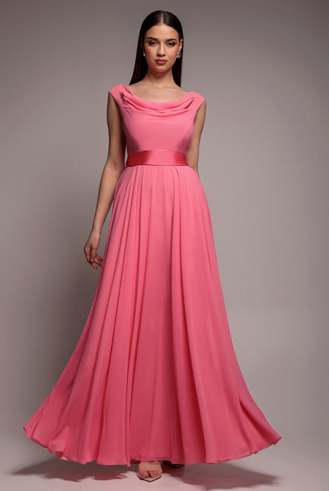 Goddiva Cowl Neck A-Line Chiffon Maxi Dress - Coral