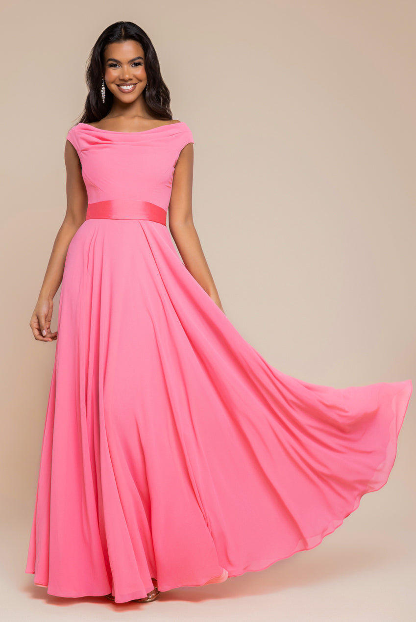 Goddiva Cowl Neck A-Line Chiffon Maxi Dress - Coral