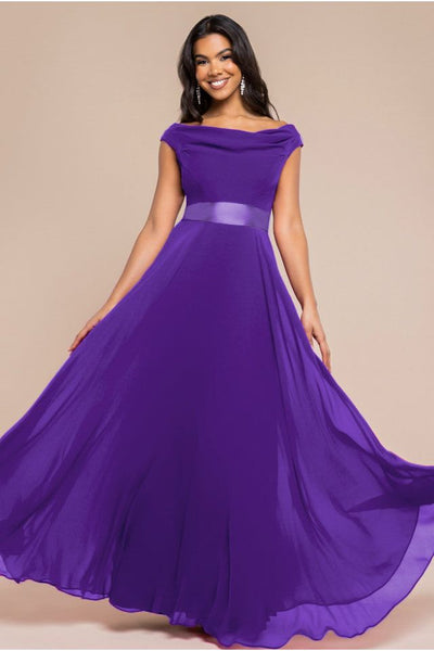 Purple - Goddiva Cowl Neck Chiffon Maxi Dress - Purple