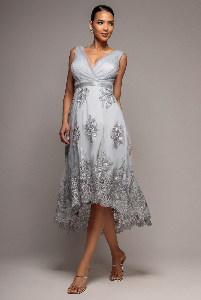Goddiva Pleated Satin Bodice High And Low Dress - Gray