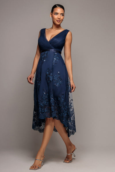 Navy - Goddiva Pleated Satin Bodice High And Low Dress - Navy