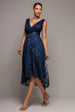 Goddiva Pleated Satin Bodice High And Low Dress - Navy