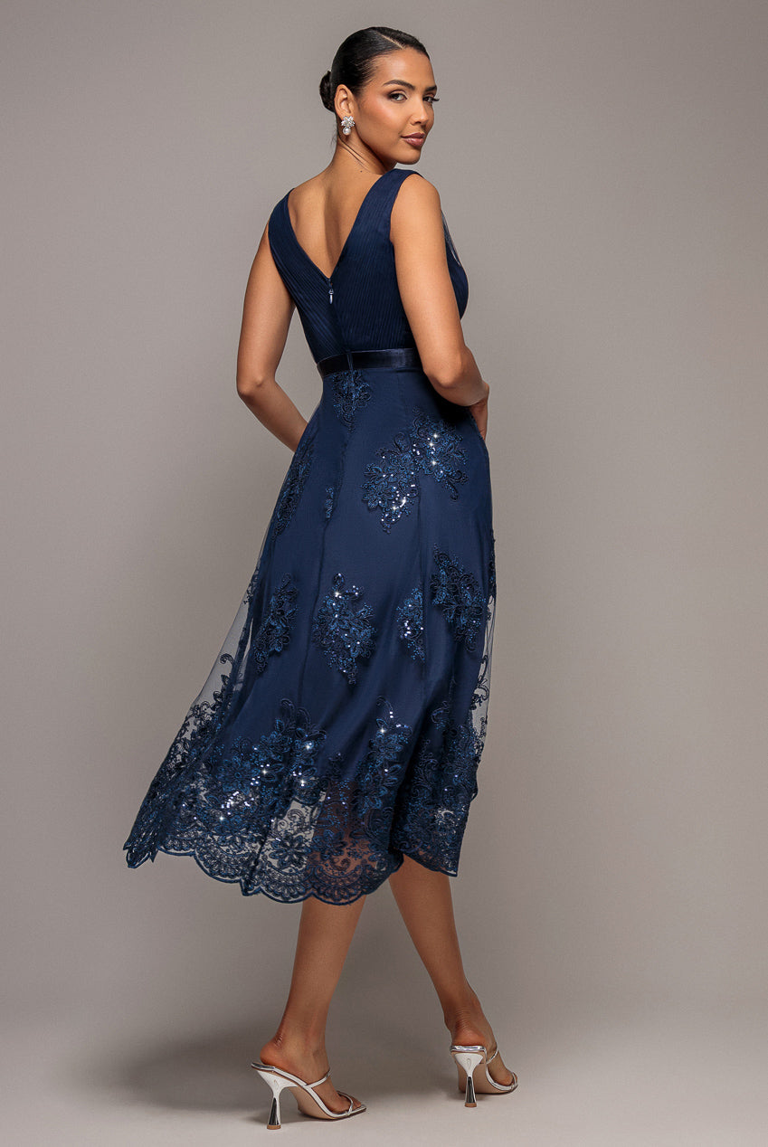 Goddiva Pleated Satin Bodice High And Low Dress - Navy