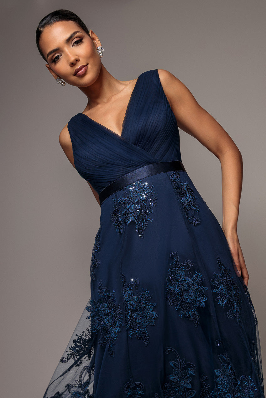 Goddiva Pleated Satin Bodice High And Low Dress - Navy