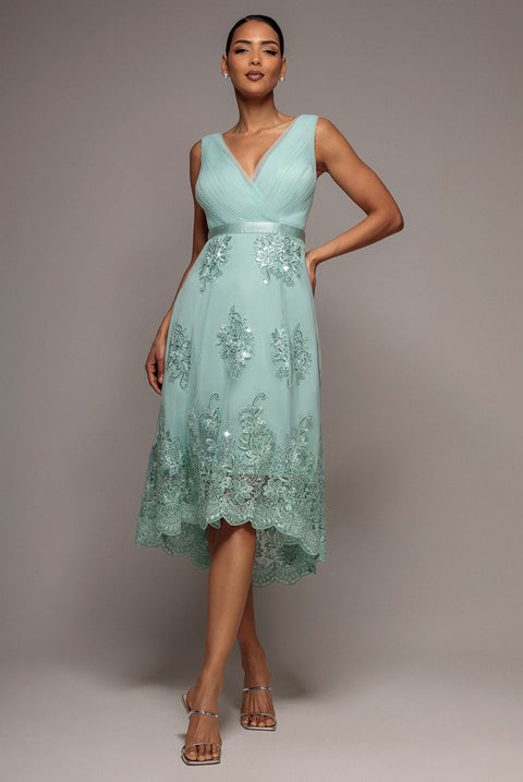 Goddiva Pleated Satin Bodice High And Low Dress - Sage Green
